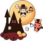 ハロウィン、お城とうさぎとくまとおばけのアイコン、イラスト sf05